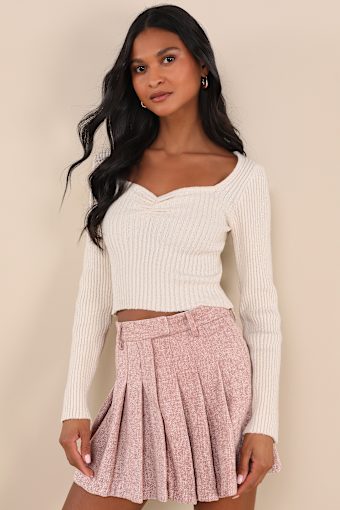Simply Adoring Pink Tweed Pleated High-Waisted Mini Skort 4