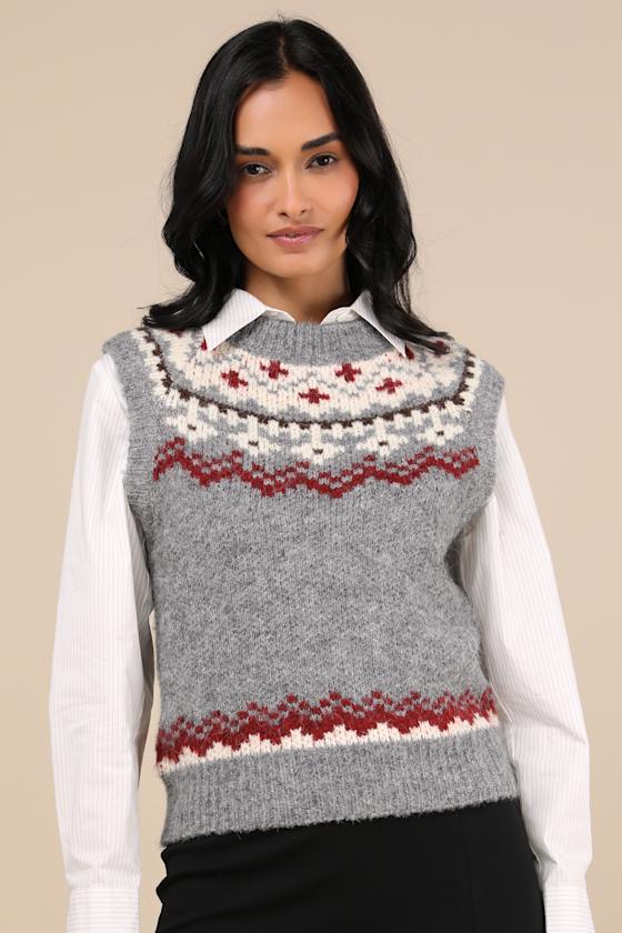 Wintry Darling Grey and Red Fair Isle Crew Neck Sweater Vest 2