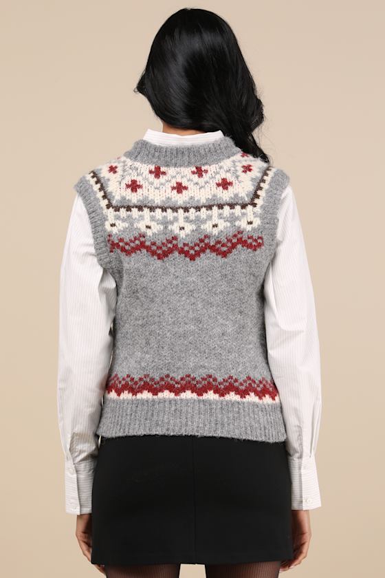 Wintry Darling Grey and Red Fair Isle Crew Neck Sweater Vest 3