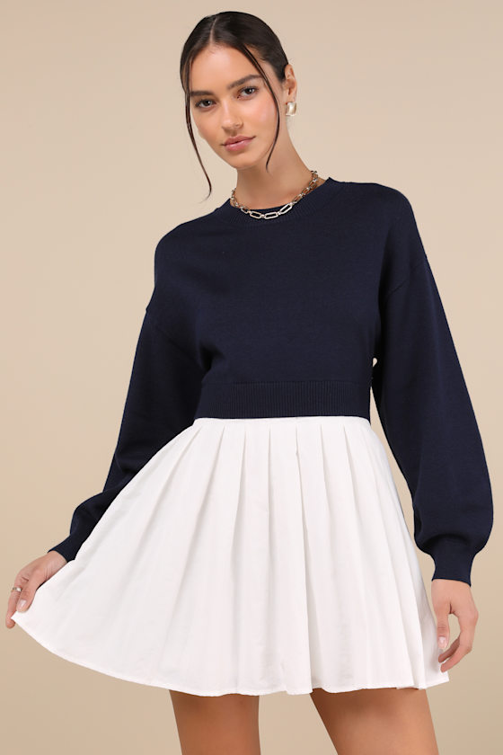 Navy Layered Dress Pleated Sweater Dress Layered Mini Dress Lulus