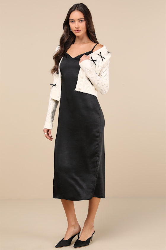 Shop Lulus Coquette Coziness Black And Ivory Two-piece Dress & Cardigan Set