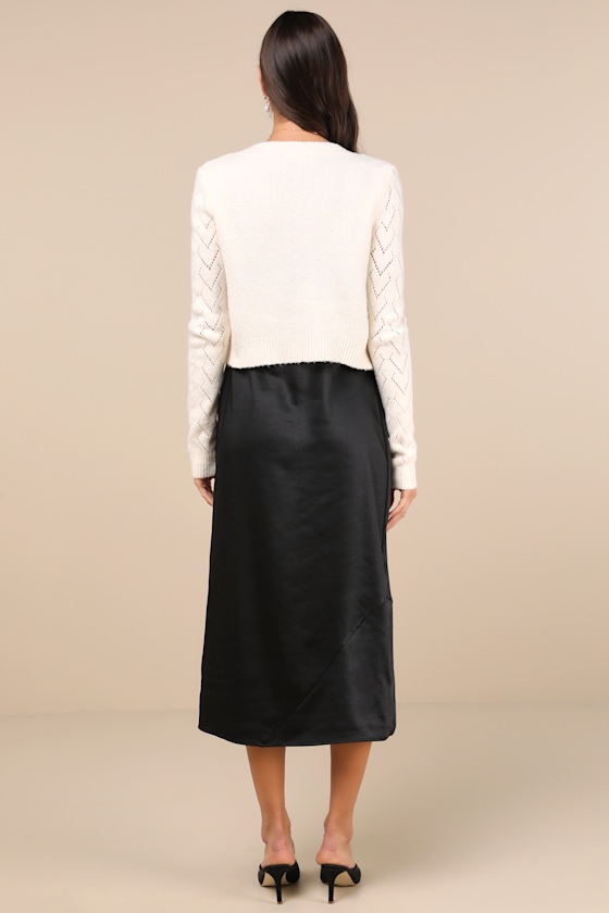 Shop Lulus Coquette Coziness Black And Ivory Two-piece Dress & Cardigan Set