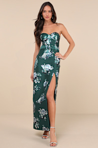 Luxe Sweetie Emerald Floral Taffeta Belted Strapless Maxi Dress 4