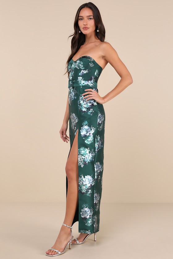 Luxe Sweetie Emerald Floral Taffeta Belted Strapless Maxi Dress 5