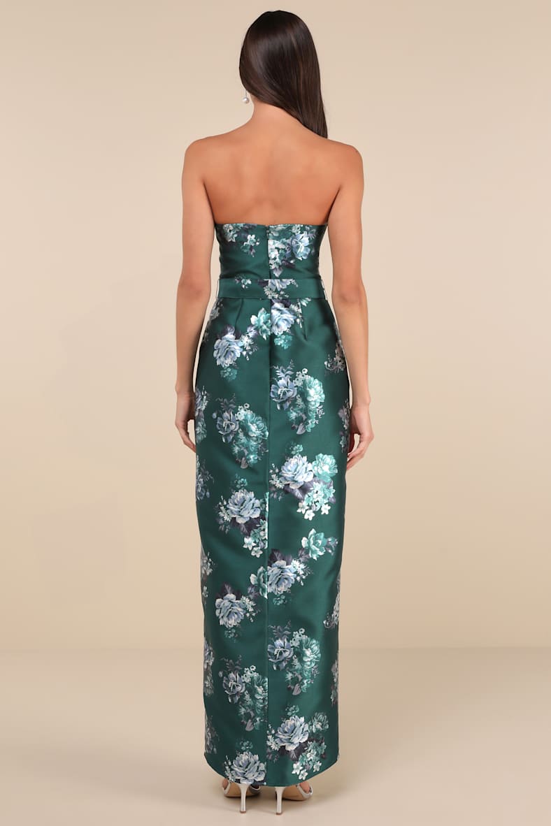 Luxe Sweetie Emerald Floral Taffeta Belted Strapless Maxi Dress