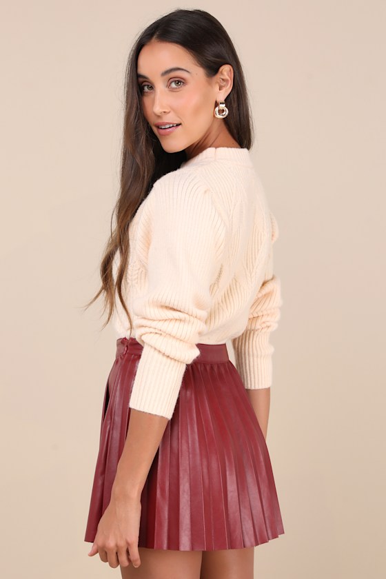 Lulus Chic Edge Burgundy Vegan Leather Pleated High-rise Mini Skirt In Burgundy