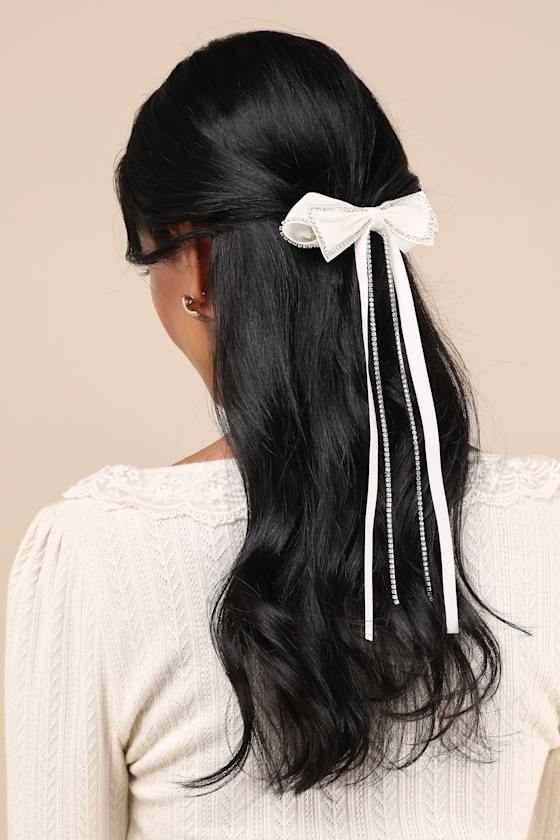 Ivory Ribbon Hair Bow - Rhinestone Trim Bow - Ivory Hair Bow Clip
