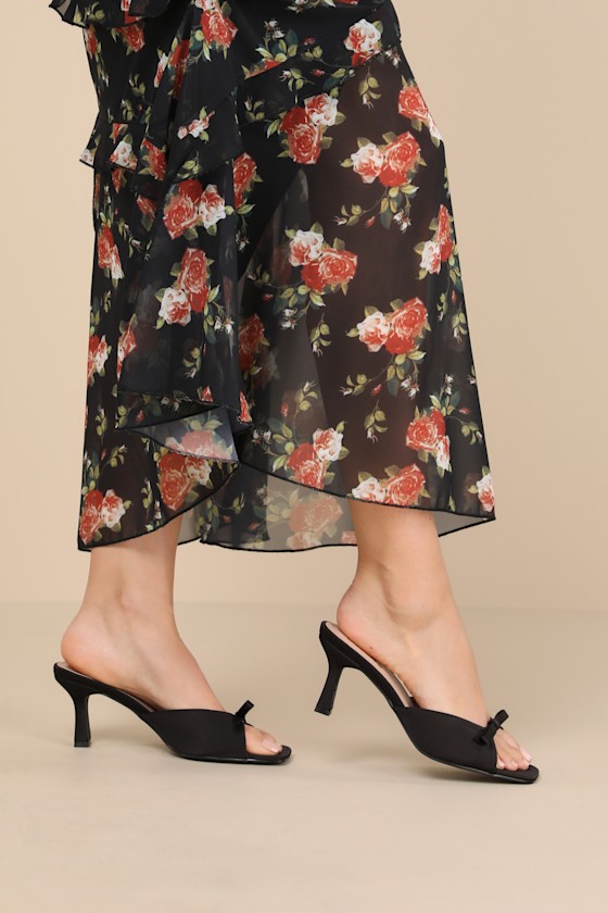 Octavie Black Satin Bow High Heel Slide Sandals 1