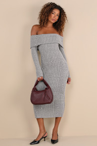 Dazzling Comfort Grey Rhinestone Off-the-Shoulder Sweater Dress 1