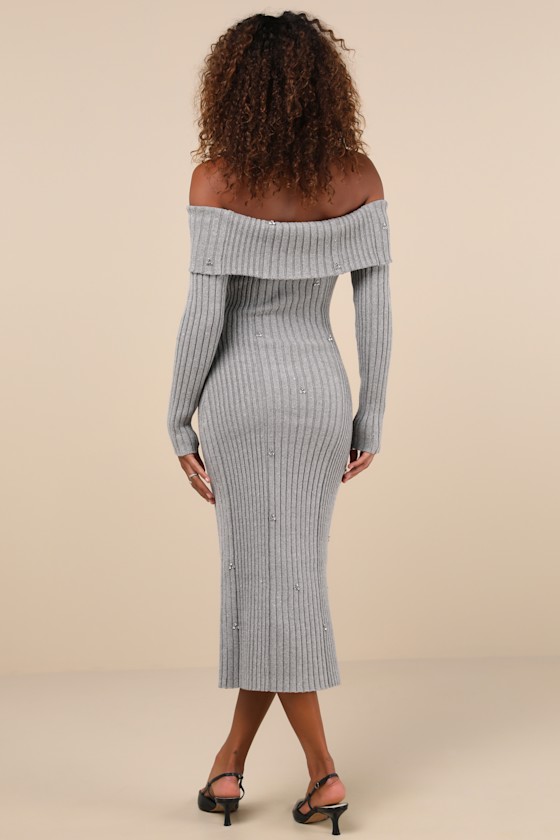 Lulus Dazzling Comfort Grey Rhinestone Off-the-shoulder Sweater Dress In Grey
