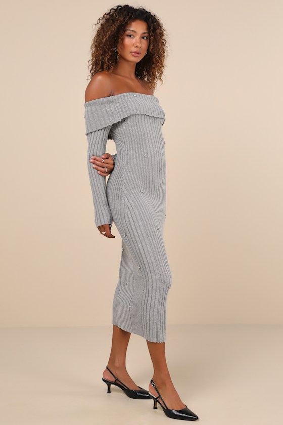 Lulus Dazzling Comfort Grey Rhinestone Off-the-shoulder Sweater Dress In Grey