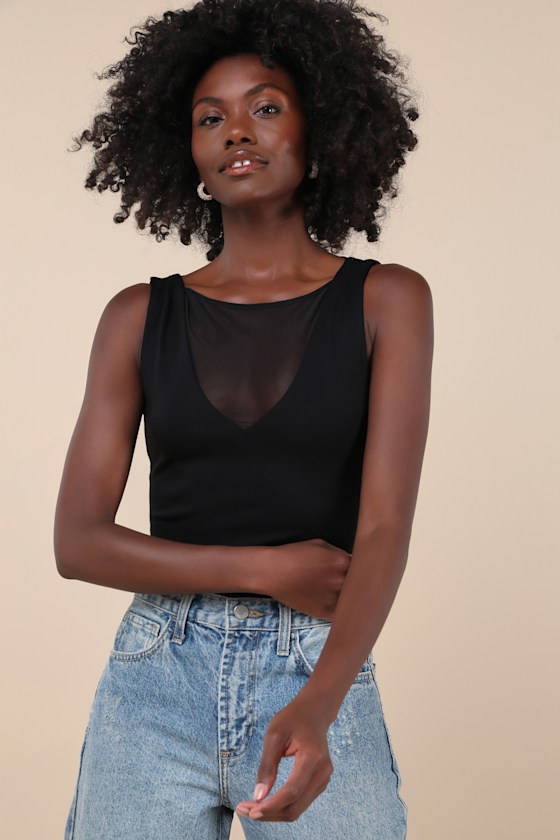 Black Bodysuit - Sheer Mesh Bodysuit - Sleeveless Bodysuit
