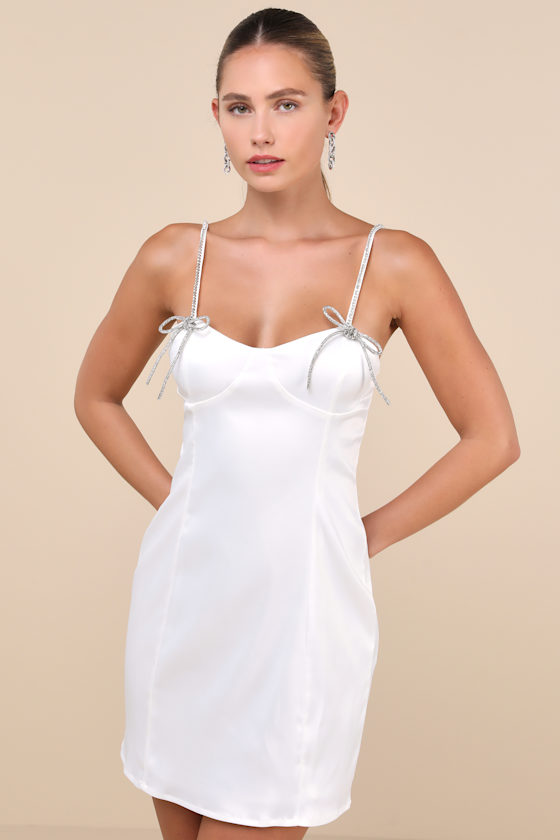 Glamorous Satin Mini - White Satin Mini Dress - Bow Mini Dress - Lulus