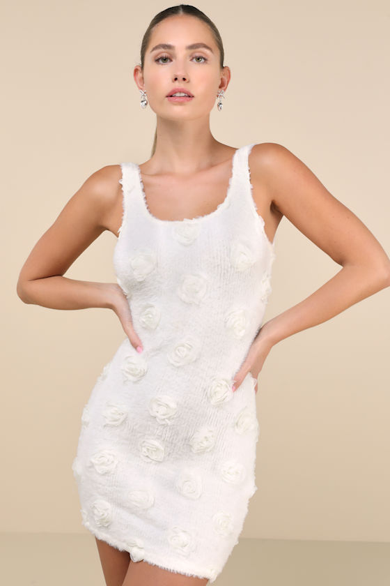 Lulus Dream Charisma Ivory Eyelash Knit Rosette Shrug Midi Dress Set In Ivory