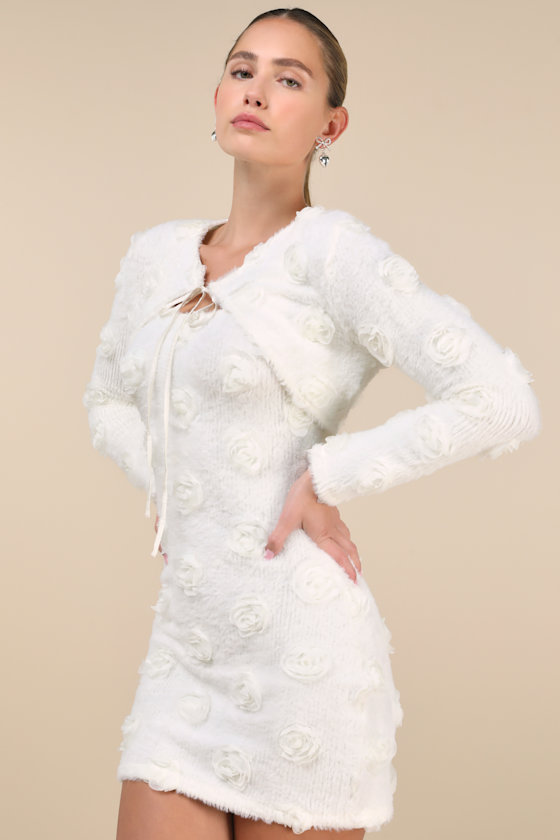 Lulus Dream Charisma Ivory Eyelash Knit Rosette Shrug Midi Dress Set In Ivory