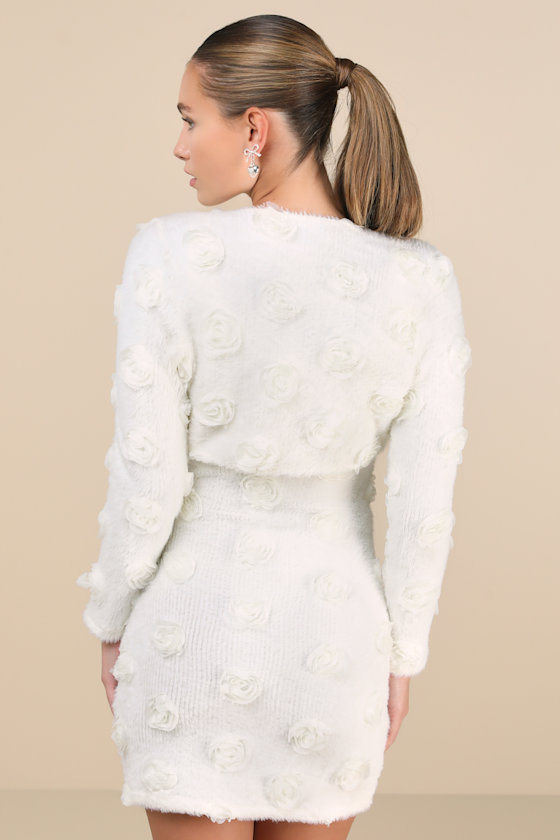 Lulus Dream Charisma Ivory Eyelash Knit Rosette Shrug Midi Dress Set In Ivory