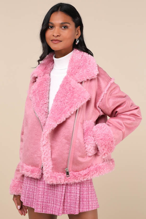 Cozy Allover Pink Vegan Leather Shearling Trim Moto Jacket 4