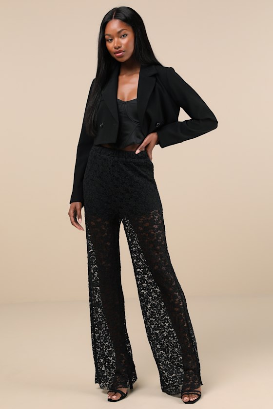 Stunning Pick Black Sheer Lace High-Rise Wide-Leg Pants 3