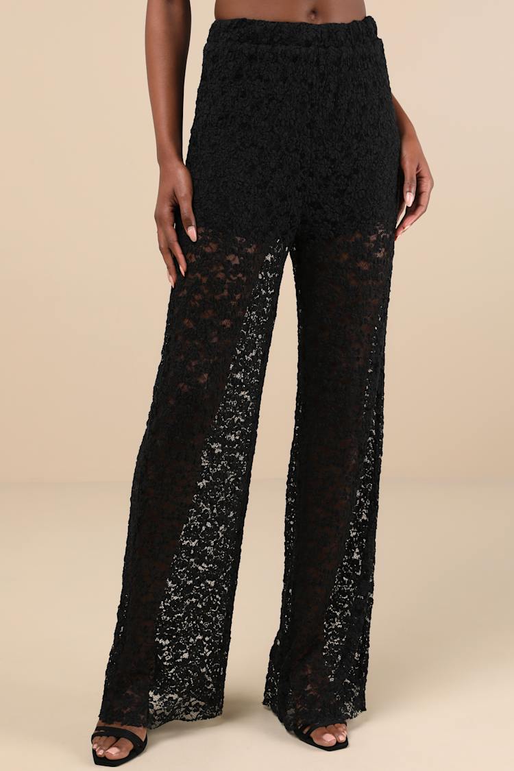 Stunning Pick Black Sheer Lace High-Rise Wide-Leg Pants
