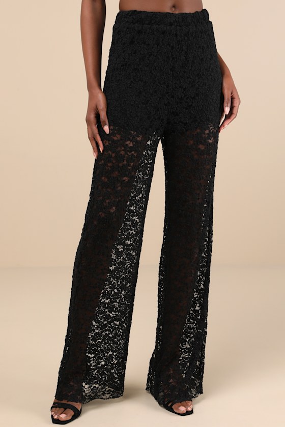 Stunning Pick Black Sheer Lace High-Rise Wide-Leg Pants 1