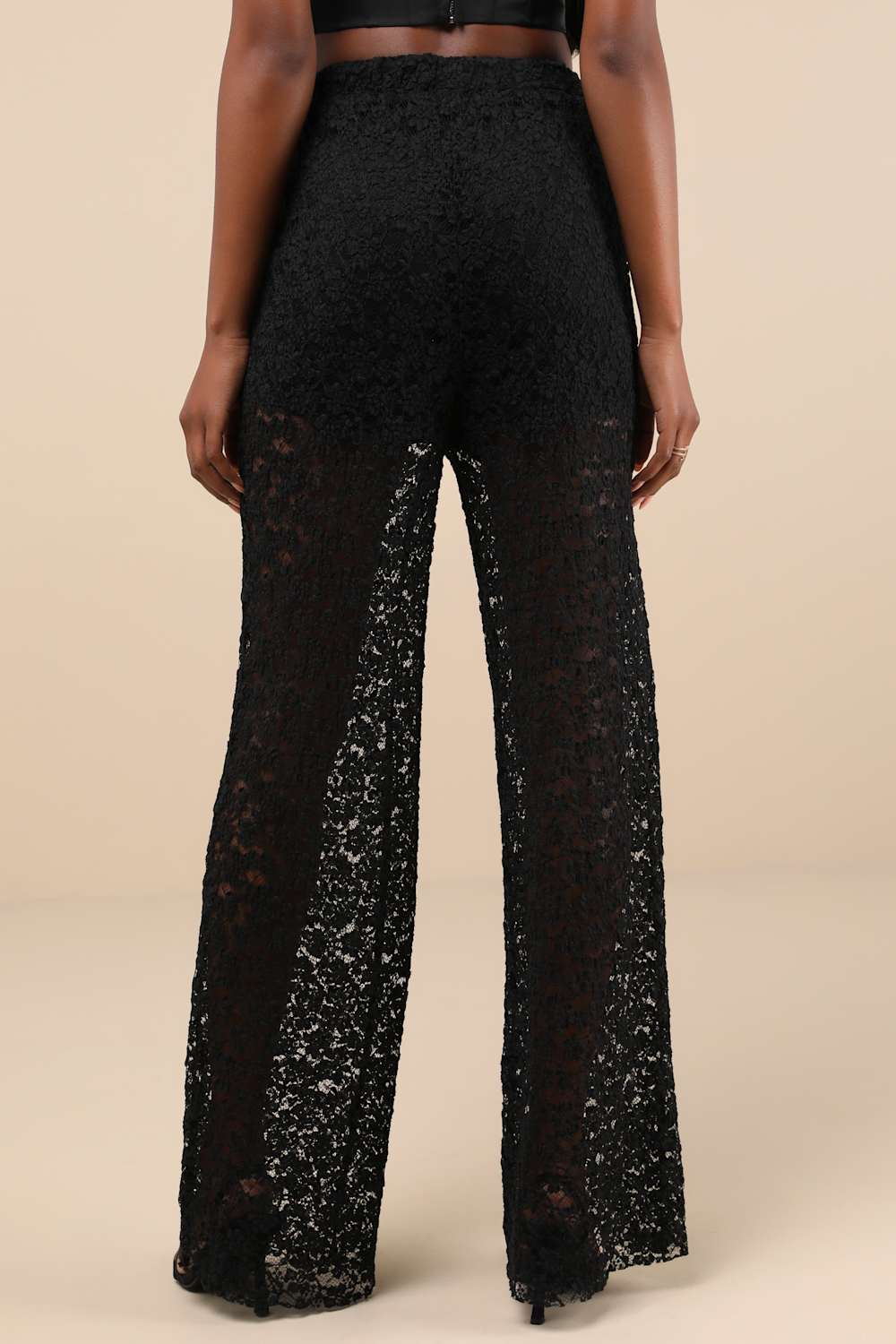 Stunning Pick Black Sheer Lace High-Rise Wide-Leg Pants