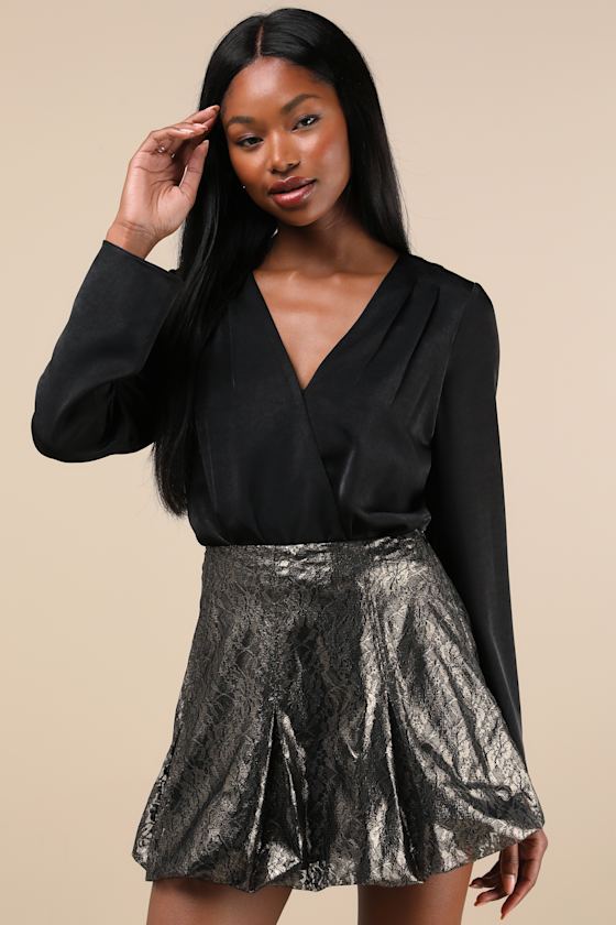 Lulus Majorly Glam Gold And Black Lace Bubble Hem Mini Skirt In Gold And Black