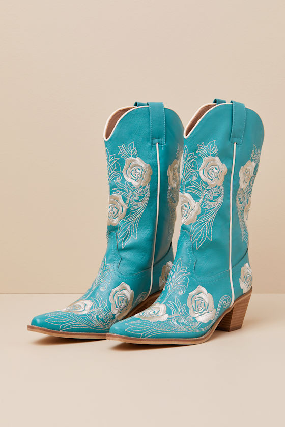 Hadria Turquoise Embroidered Mid-Calf Western Boots 1