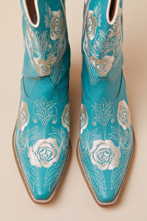 Hadria Turquoise Embroidered Mid-Calf Western Boots 2