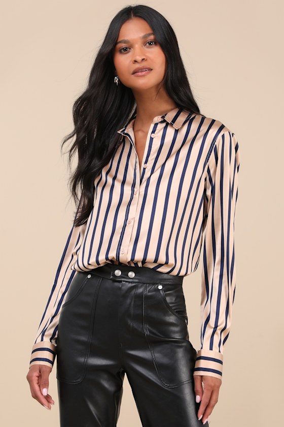 LULUS COMPOSED ESSENCE TAN AND BLUE STRIPED SATIN BUTTON-UP TOP