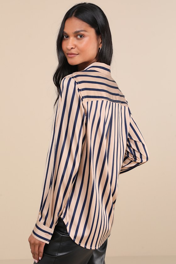 LULUS COMPOSED ESSENCE TAN AND BLUE STRIPED SATIN BUTTON-UP TOP
