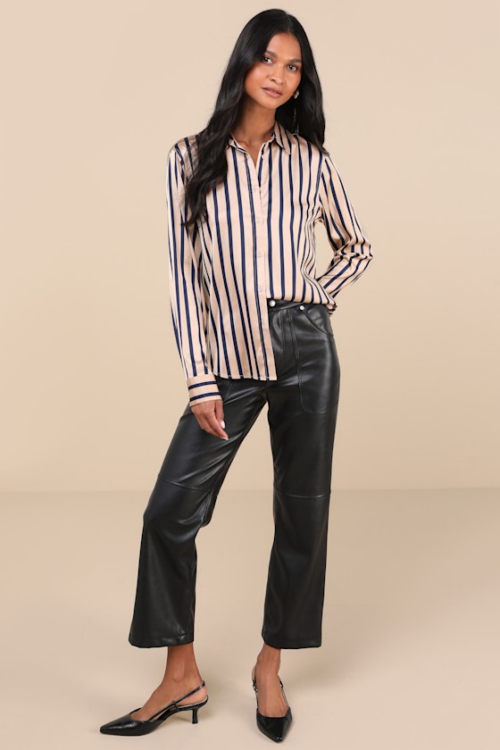 LULUS COMPOSED ESSENCE TAN AND BLUE STRIPED SATIN BUTTON-UP TOP