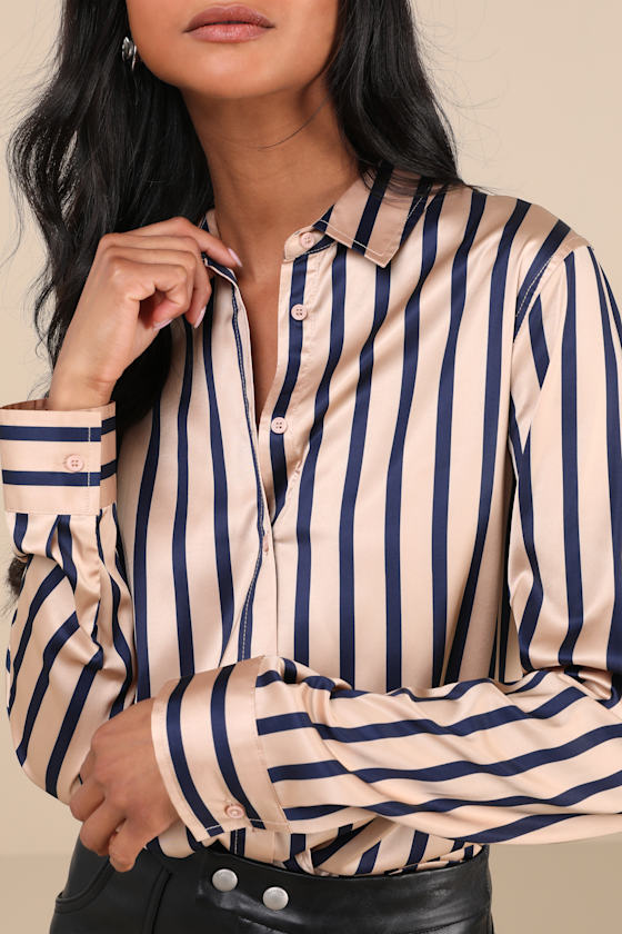 LULUS COMPOSED ESSENCE TAN AND BLUE STRIPED SATIN BUTTON-UP TOP