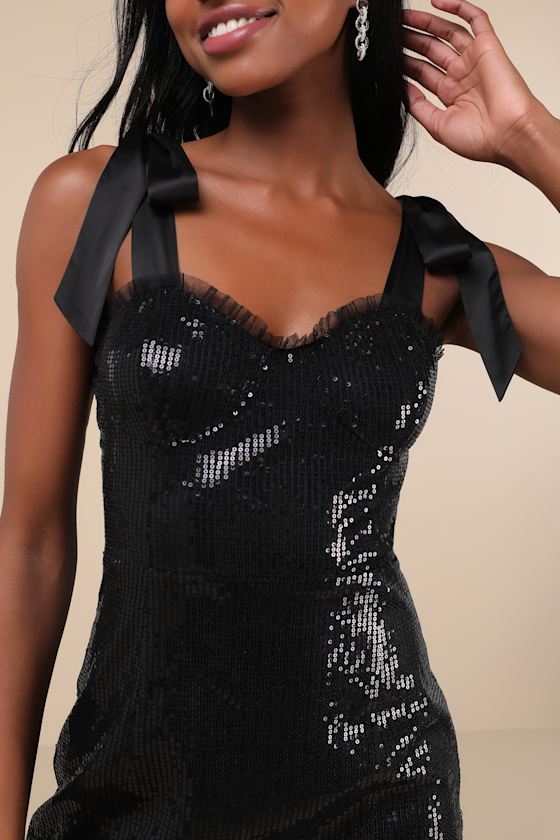 Lulus Glowing Intentions Black Sequin Bustier Tie-strap Mini Dress In Black