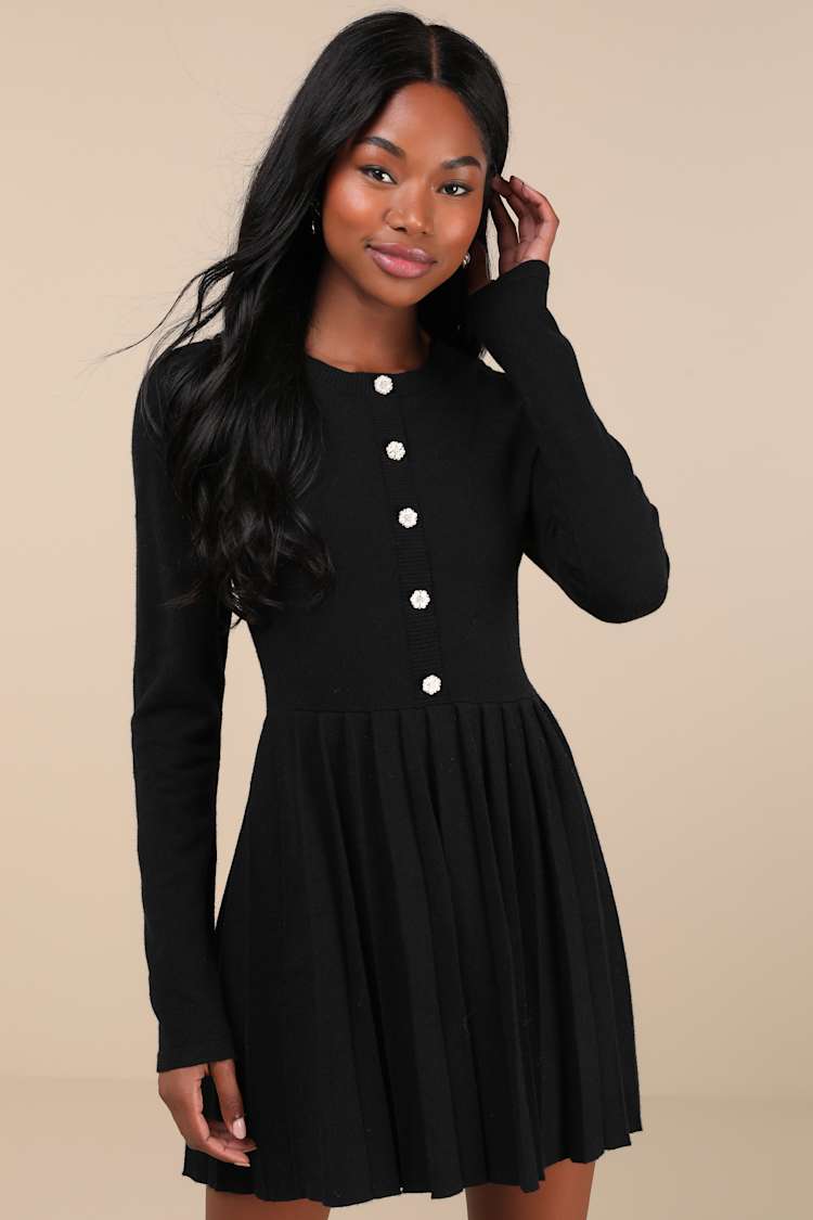 chinese dress ladies Black | Long Sleeve Pleated Shift Dress main image 0