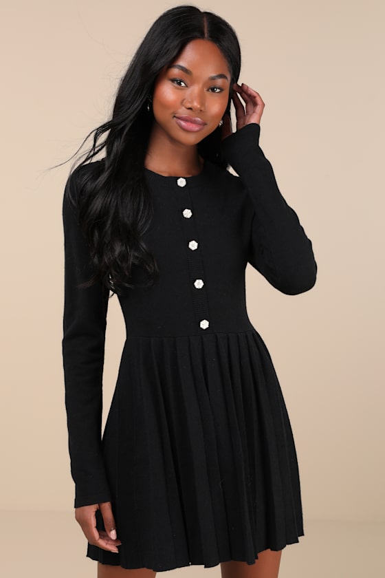 Beyond Sweet Black Pearl Pleated Mini Sweater Dress 2