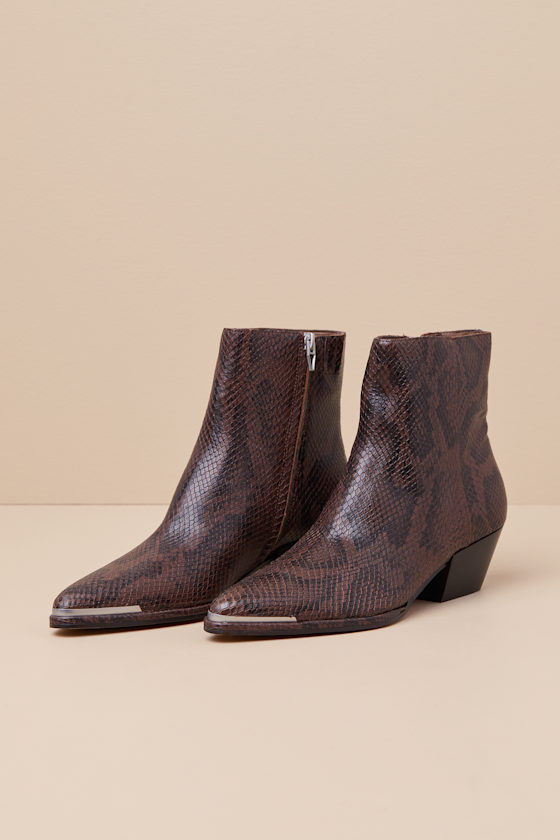 Dolce Vita Nonah Java Snake-embossed Pointed-toe Ankle Boots In Brown