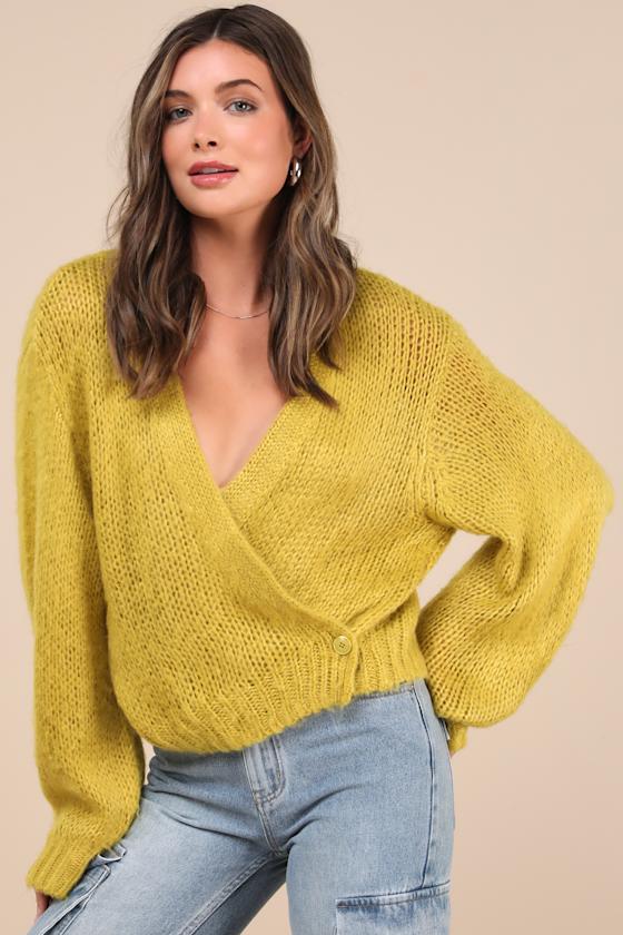 Kyan Lime Green Loose Knit Balloon Sleeve Cardigan Sweater 1