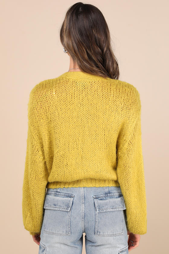Kyan Lime Green Loose Knit Balloon Sleeve Cardigan Sweater 2