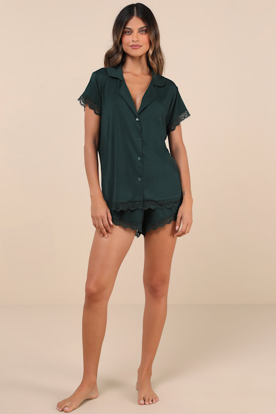 Snuggly Love Dark Green Short Sleeve Lace Two-Piece Pajama Set 6