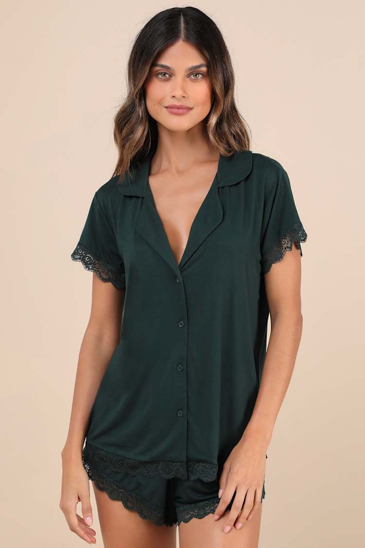 Snuggly Love Dark Green Short Sleeve Lace Two-Piece Pajama Set