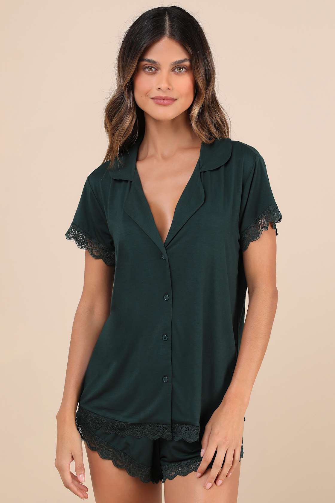 Snuggly Love Dark Green Short Sleeve Lace Two-Piece Pajama Set