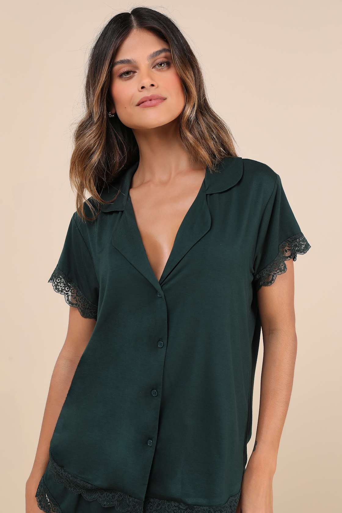 Snuggly Love Dark Green Short Sleeve Lace Two-Piece Pajama Set