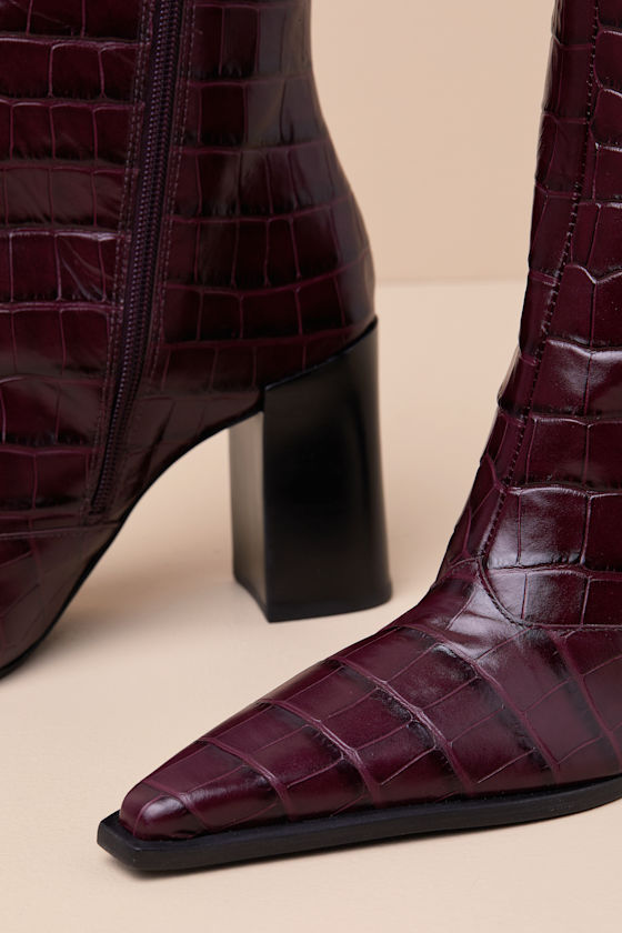 Schutz Raffaela Merlot Wine Leather Croc-embossed Ankle Boots In Red