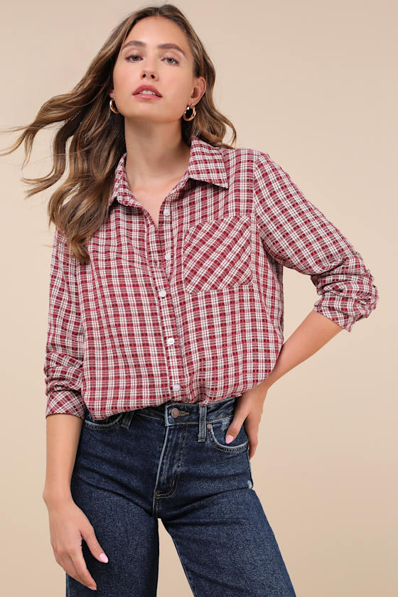 LULUS CLASSIC ATTITUDE RED PLAID COLLARED LONG SLEEVE BUTTON-UP TOP