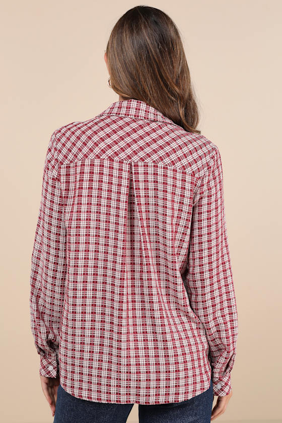 LULUS CLASSIC ATTITUDE RED PLAID COLLARED LONG SLEEVE BUTTON-UP TOP