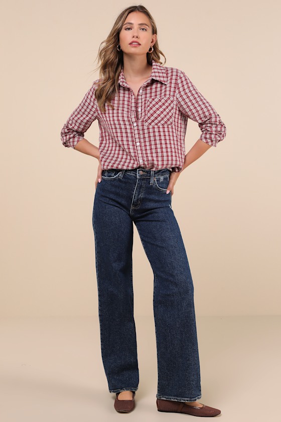 LULUS CLASSIC ATTITUDE RED PLAID COLLARED LONG SLEEVE BUTTON-UP TOP