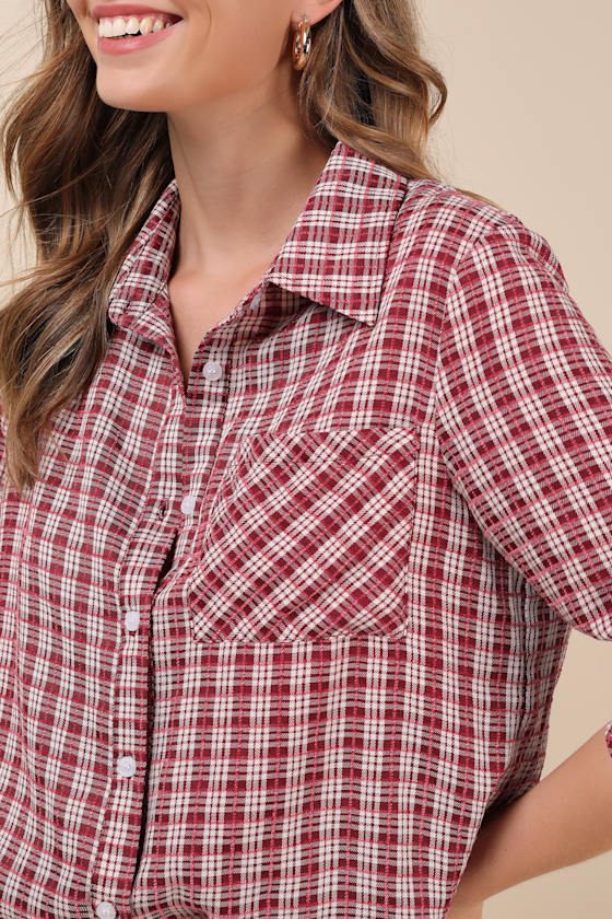 LULUS CLASSIC ATTITUDE RED PLAID COLLARED LONG SLEEVE BUTTON-UP TOP