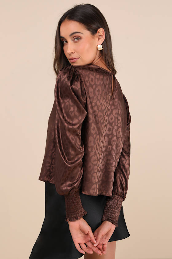 Brown Satin Top - Animal Jacquard Top - Satin Long Sleeve Brown Satin Top - Animal Jacquard Top - Satin Long Sleeve