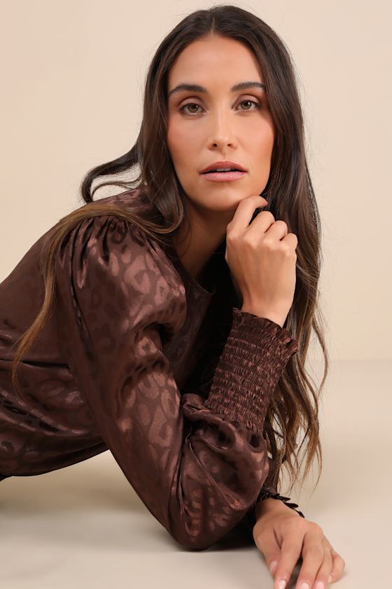 Lulus Fierce Outfit Dark Brown Satin Jacquard Long Sleeve Top In Brown