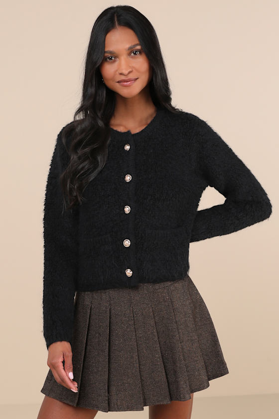 ASTR the Label Myrtle - Black Teddy Cardigan - Cropped Cardigan